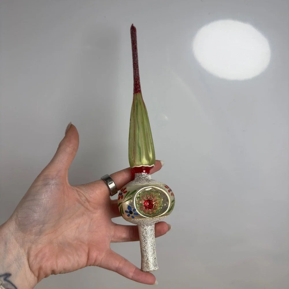 Vintage Polish Mercury Glass Christmas Tree Topper Hand Painted Floral 11 Inch